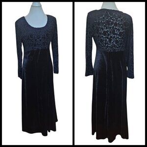 VTG 90s Black Velvet Long Dress‎ Midi To Maxi Longsleeve Gothic Sz L Stretchy